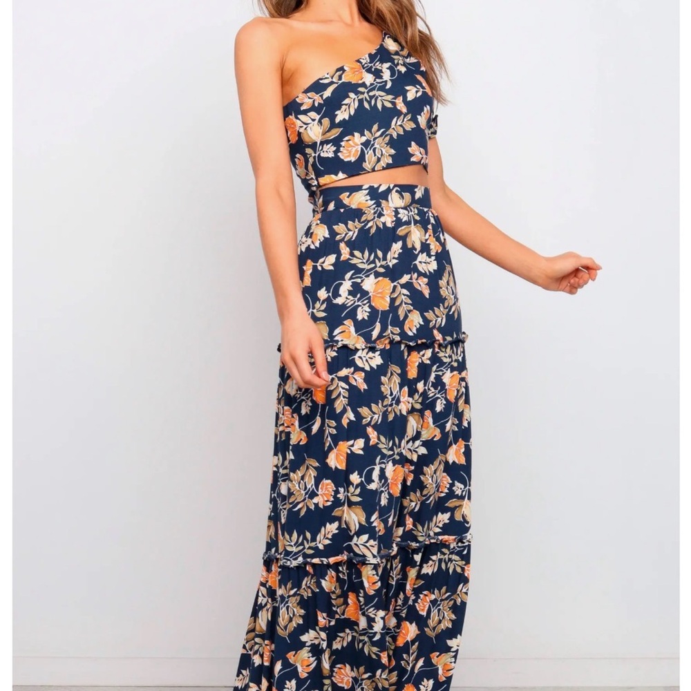 Petal & Pup Navy Floral Maxi Dress with Orange and Cream Accents